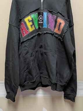 REWIND Black Distressed Zip Up Hoodie with Rainbow Lettering